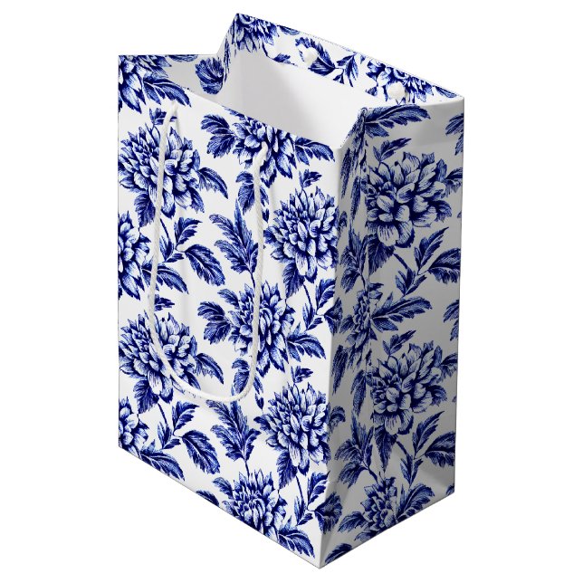 Blue and White Dahlia Flowers Toile de Jouy Medium Gift Bag (Front Angled)