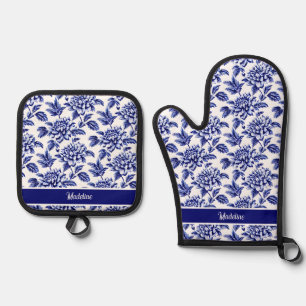 Blue and White Dahlia Flowers Toile de Jouy Oven Mitt & Pot Holder Set
