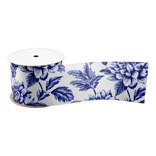 Blue and White Dahlia Flowers Toile de Jouy Satin Ribbon (Spool)