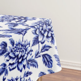 Blue and White Dahlia Flowers Toile de Jouy Tablecloth