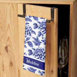 Blue and White Dahlia Flowers Toile de Jouy Tea Towel