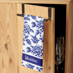 Blue and White Dahlia Flowers Toile de Jouy Tea Towel