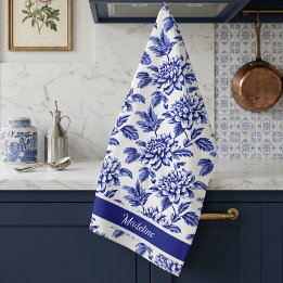 Blue and White Dahlia Flowers Toile de Jouy Tea Towel