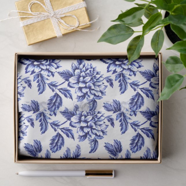 Blue and White Dahlia Flowers Toile de Jouy Tissue Paper (Gift)