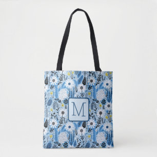 Blue and White Daisies and Leaves Block Monogram Tote Bag