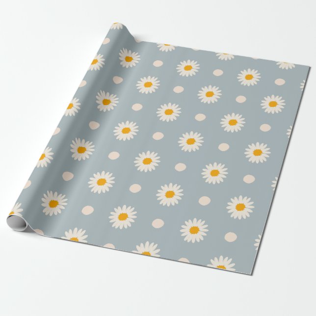 Blue and White Daisy Floral Pattern Wrapping Paper (Unrolled)