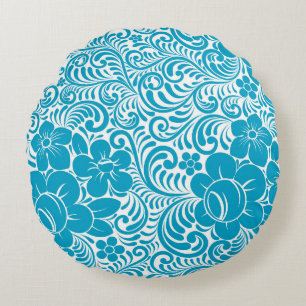 Blue and White Daisy Illustrated Floral Pattern Round Cushion