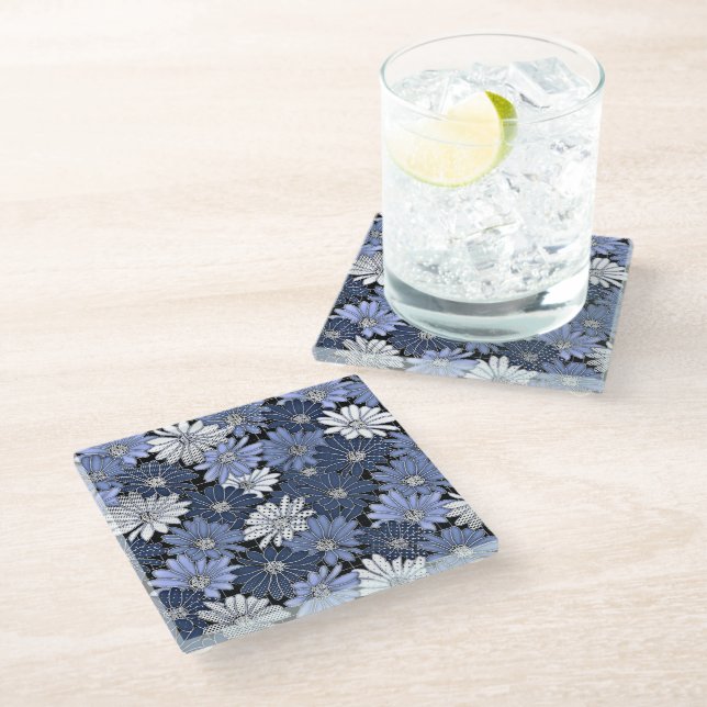 Blue and White Daisy Pattern Glass Coaster (Angled)