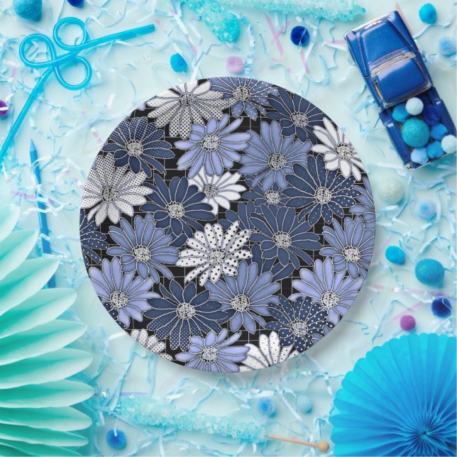 Blue and White Daisy Pattern Paper Plate (Party)