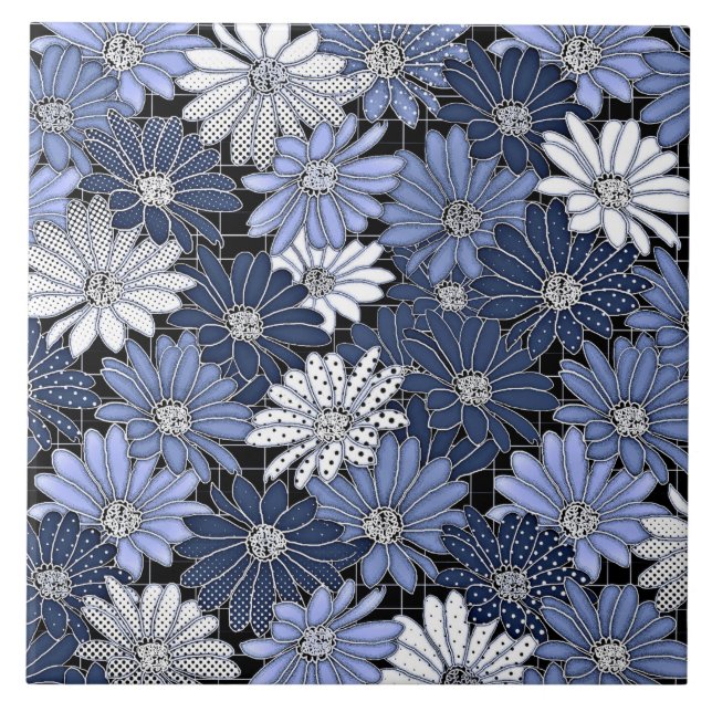 Blue and White Daisy Pattern Tile (Front)