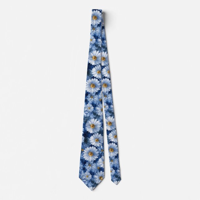 Blue and White Daisy Watercolor Pattern Tie (Front)