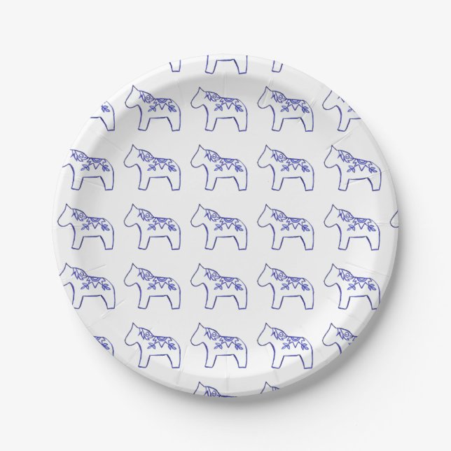 Blue and White Dala Horse Paper Plate (Front)