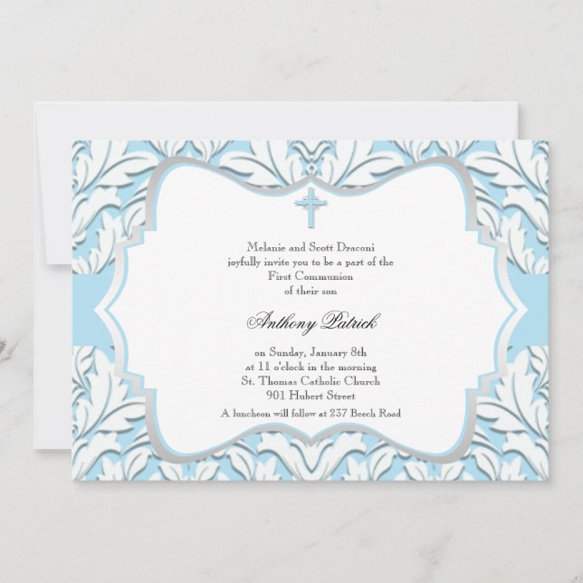 Blue and White Damask Communion Invitation (Front)