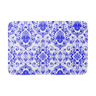 Blue and White Damask Floral Pattern Elegant Bath Mat