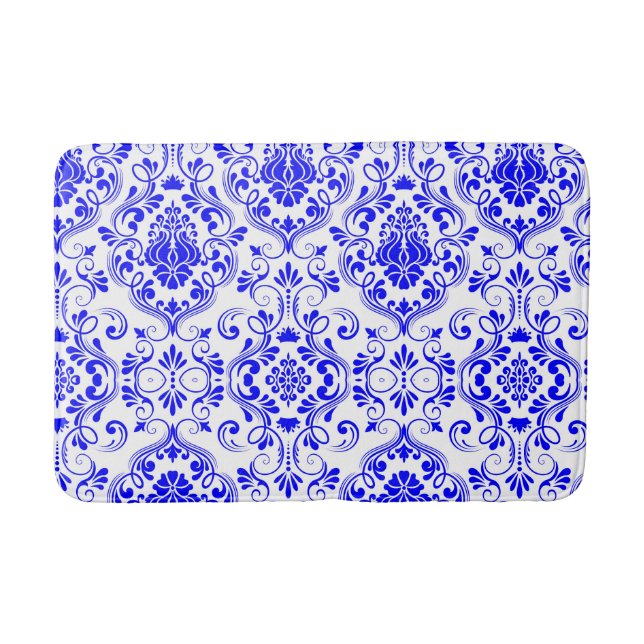 Blue and White Damask Floral Pattern Elegant  Bath Mat (Front)