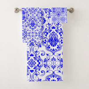 Blue and White Damask Floral Pattern Elegant Bath Towel Set