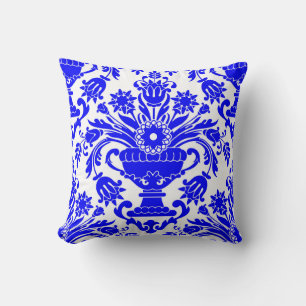 Blue and White Damask Floral Pattern Elegant Cushion