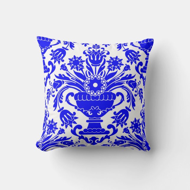 Blue and White Damask Floral Pattern Elegant Cushion (Front)