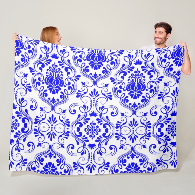 Blue and White Damask Floral Pattern Elegant  Fleece Blanket (In Situ)