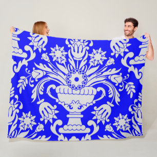 Blue and White Damask Floral Pattern Elegant Fleece Blanket