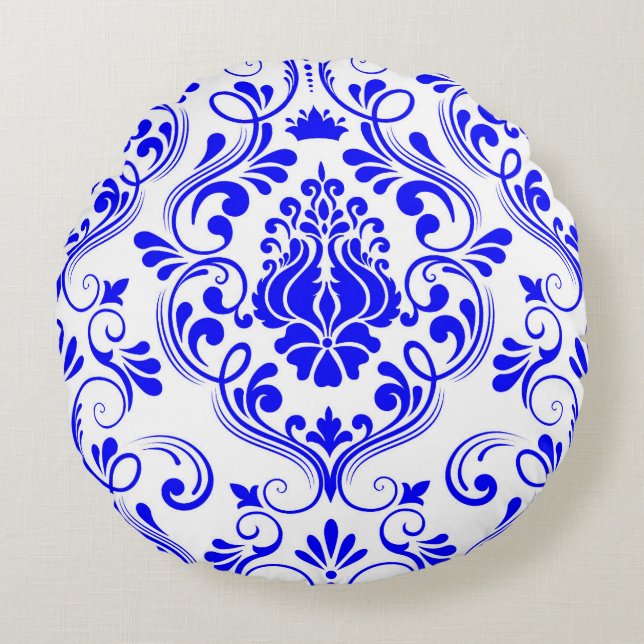 Blue and White Damask Floral Pattern Elegant Round Cushion (Front)