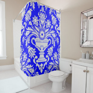 Blue and White Damask Floral Pattern Elegant Shower Curtain