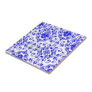 Blue and White Damask Floral Pattern Elegant Tile