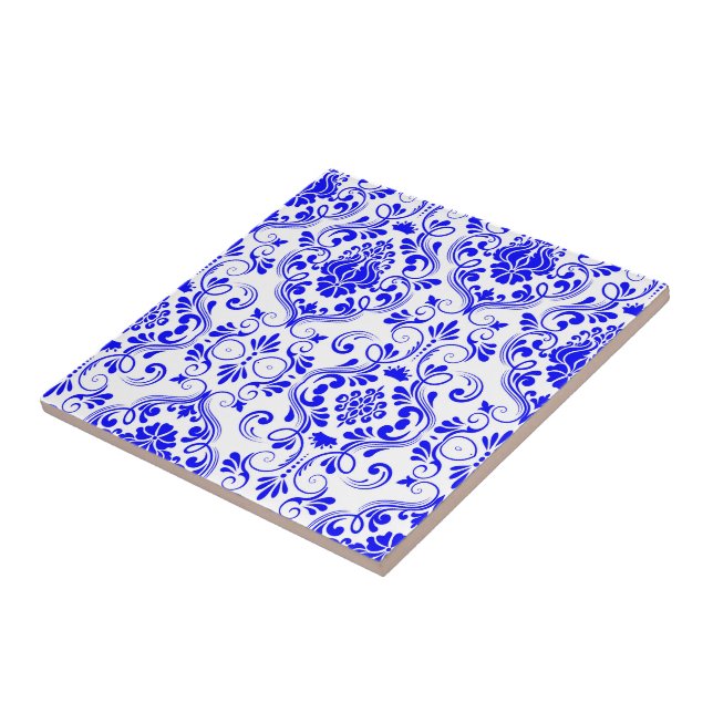 Blue and White Damask Floral Pattern Elegant  Tile (Side)