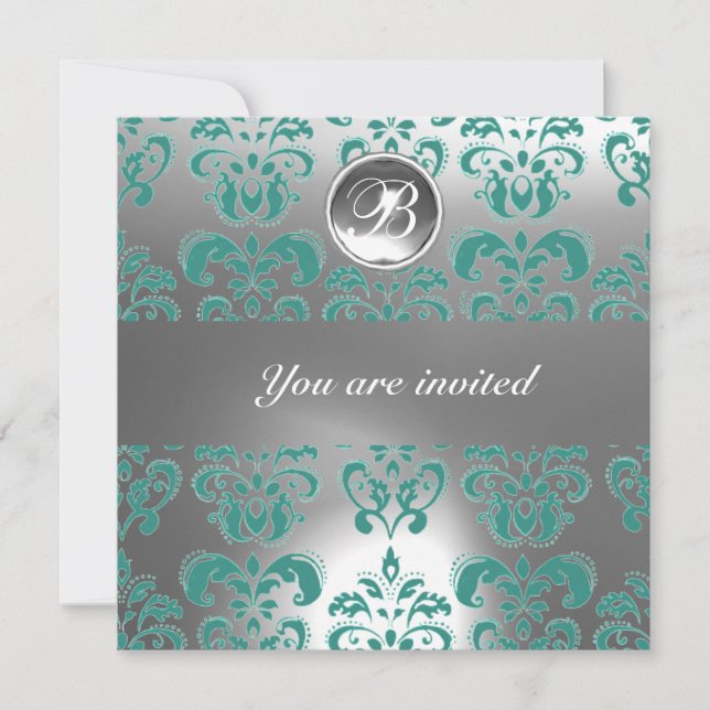 BLUE AND WHITE DAMASK GEM STONE MONOGRAM INVITATION (Front)