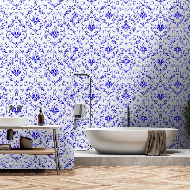 Blue and White damask mediaeval peel and stick Wallpaper (Bathroom)