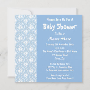 Blue and White Damask Pattern, Custom Baby Shower Invitation