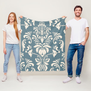 Blue and White Damask pattern fleece blanket