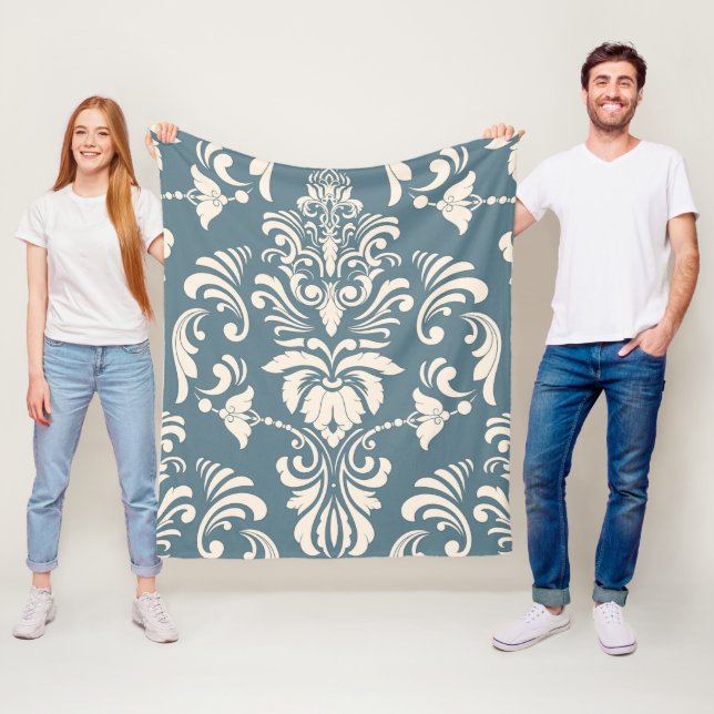 Blue and White  Damask pattern fleece blanket (In Situ)