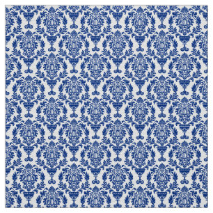 blue and white damask-patterned fabric. fabric