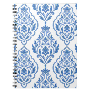 Blue and white damask vintage seamless pattern. Vi Notebook