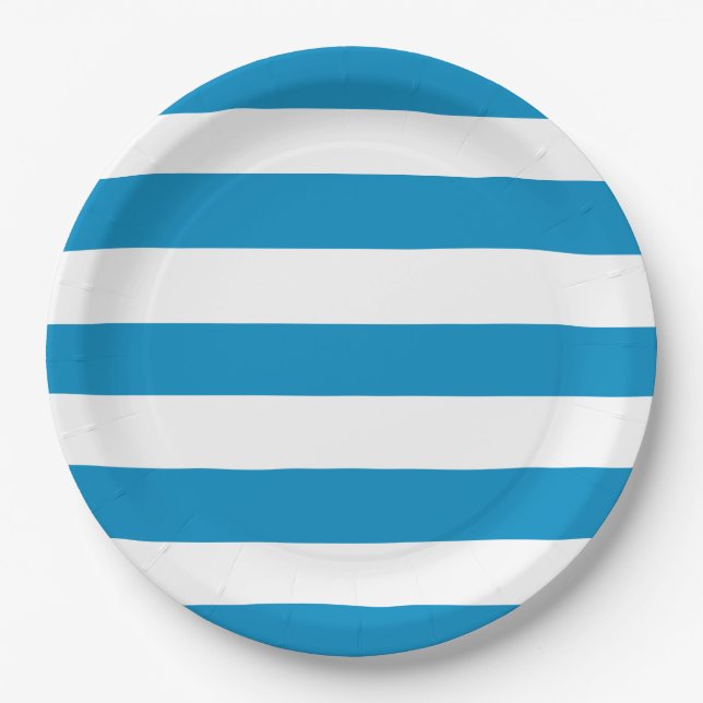 Blue and White Deckchair Stripes Paper Plate (Front)