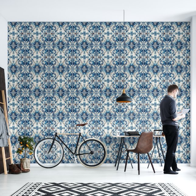 Blue And White Decorative Tile Design Wallpaper (Living Room)