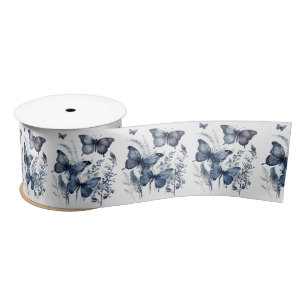 Blue and white Delft art butterflies with flowers Satin Ribbon