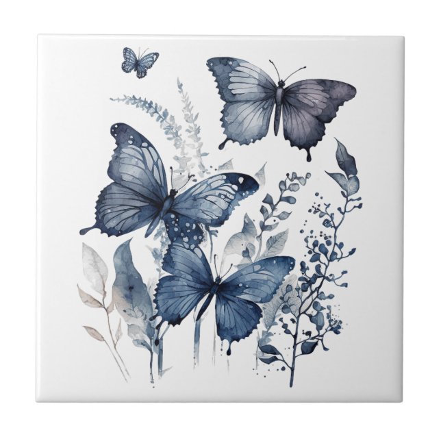 Blue and white Delft art butterflies with flowers Tile (Front)