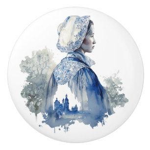 Blue and white Delft art with a girl village scene Ceramic Knob