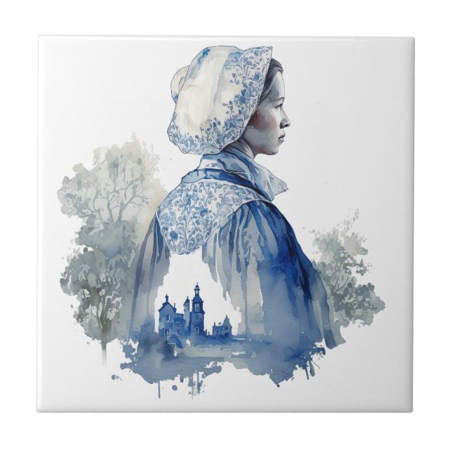 Blue and white Delft art with a girl village scene Tile (Front)
