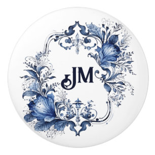 Blue and white Delft ornaments with flowers Ceramic Knob