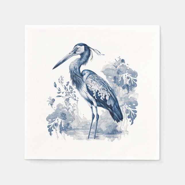 Blue and white Delft style art heron with flowers Napkin (Front)