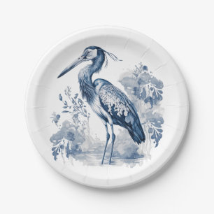 Blue and white Delft style art heron with flowers Paper Plate