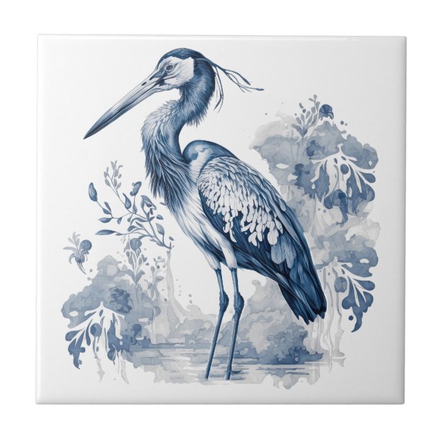 Blue and white Delft style art heron with flowers Tile (Front)