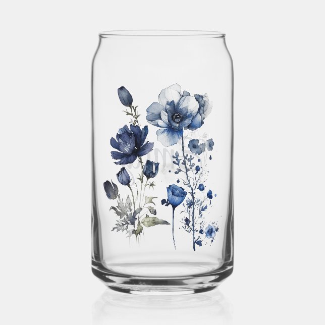 Blue and white Delft style art with wildflowers Can Glass (Front)
