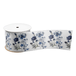 Blue and white Delft style art with wildflowers Satin Ribbon