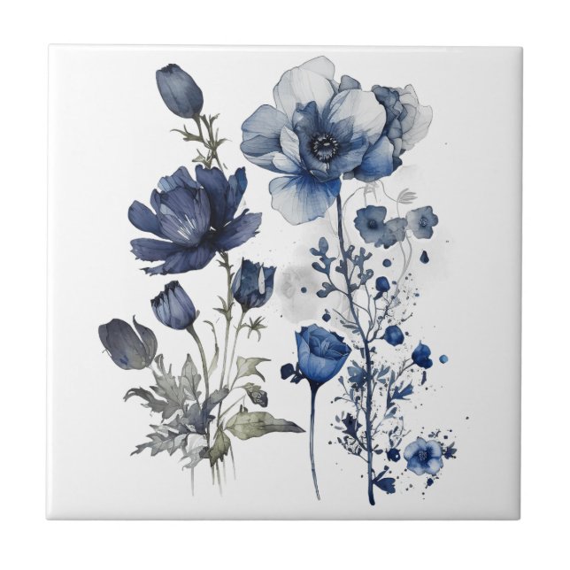 Blue and white Delft style art with wildflowers Tile (Front)