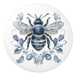 Blue and white Delft style bee design with flowers Ceramic Knob