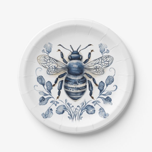 Blue and white Delft style bee design with flowers Paper Plate (Front)